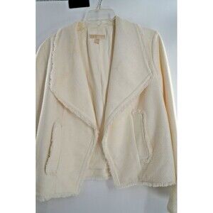 Michael Kors Ivory Cream Fringe Tweed Open Front Blazer Jacket Pockets Sz 12
